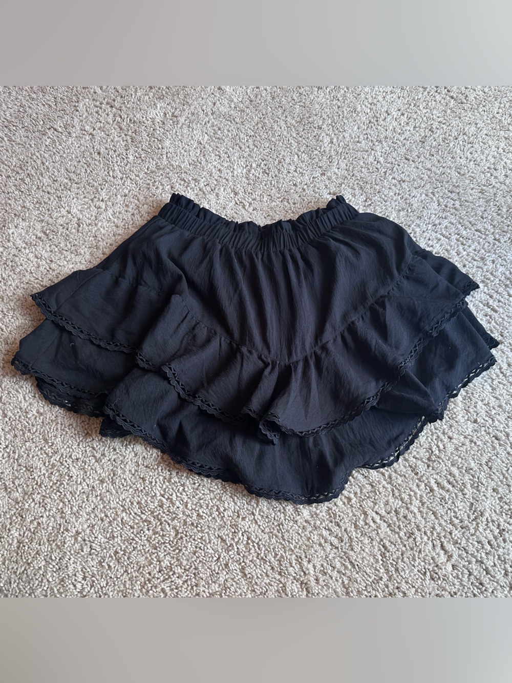Black Tiered Ruffle Skort with Lace Trim Cotton Elastic-Waist Mini Large